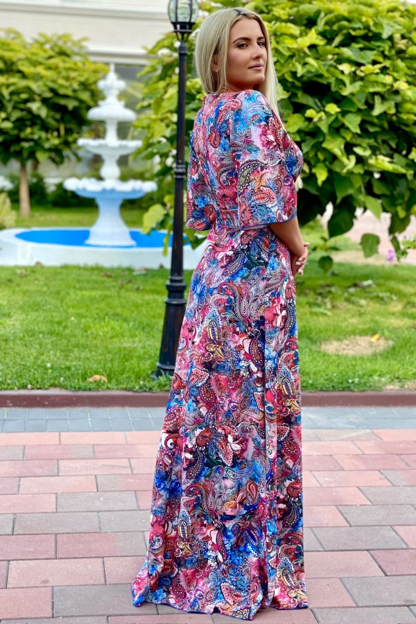 Rochie Sonia cu imprimeuri florale in nuante rose si bleumarin