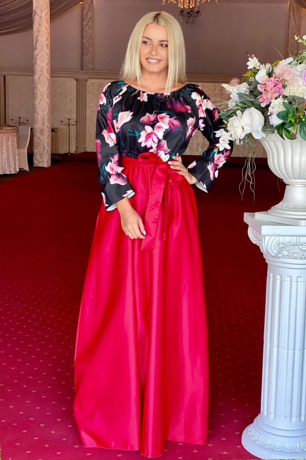 Rochie rosie lunga cu imprimeuri florale Seleny