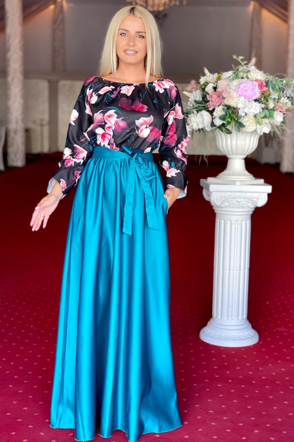 Rochie turcoaz lunga cu imprimeuri florale Seleny